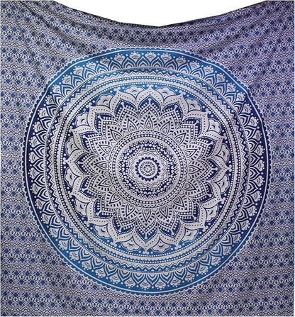 raajsee Large Blue Ombre Mandala Tapestry Wall Hanging,Indian Cotton Beach Throw Blanket Hippie Bohemian Elephant Queen Boho Décor,Meditation Yoga Mat Rugs,82x92 inches