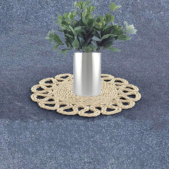 13.8" Set of 4 Round Seagrass Placemats | Boho Woven Rattan Table Mats | Farmhouse Wicker Spring Plate Chargers Like Water Hyacinth, Corn Husk for Wedding, Party, Christmas, Events