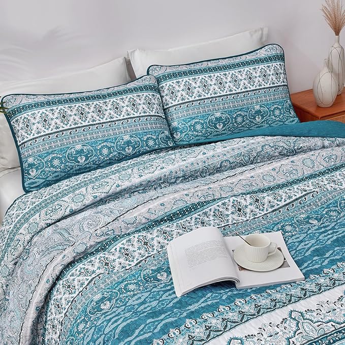 WONGS BEDDING Boho Queen Quilt Set, Teal and Blue Bohemian Quilt Bedding Set, Lightweight Bed Decor Bedspread for All Season Reversible Microfiber Coverlet Bedding Set 96"x90"(3 Pieces)