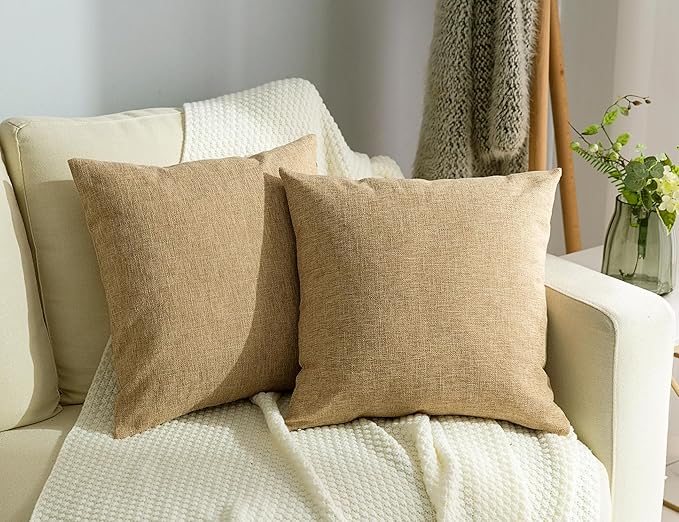 Stellhome Set of 2 Decorative Linen Throw Pillow Covers Square Farmhouse Burlap Cushion Covers for Bedroom, 20 x 20 inch (50 cm), Natural Linen