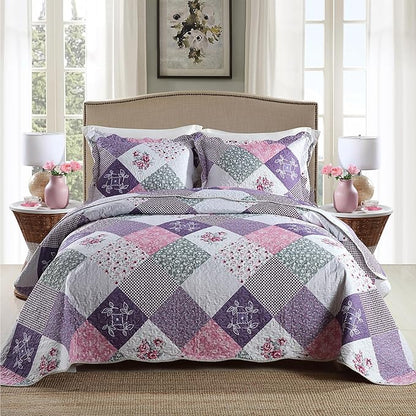 HoneiLife Quilt Set Queen Size - 3 Piece Microfiber Reversible Bedspreads Patchwork Coverlets Floral Bedding Set All Season Quilts with Geometric and Little Rose Print Pattern