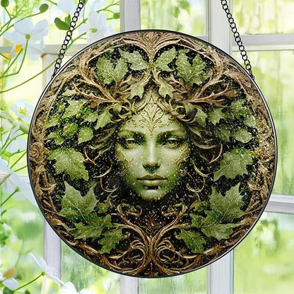 Green Man Stained Glass Suncatcher, Stained Glass Window Hanging, 8 Inch Window Decor Hanging, Gift for Garden Lovers, Mothers Day Birthday Gifts for Mom Grandma Women Sister Wife Lady Lover