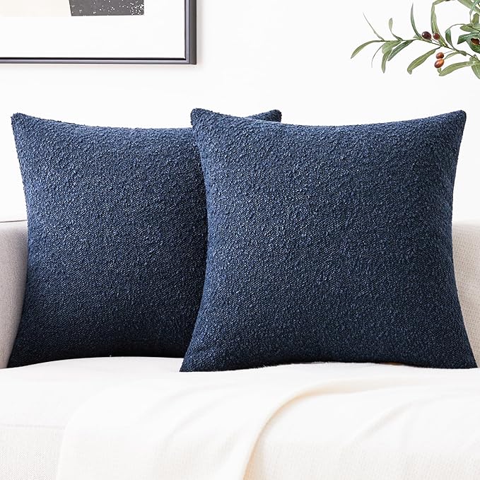 Mixhug Decorative Boucle Throw Pillow Covers, Midnight Blue, 20 x 20 Inches, Pack of 2 - Textured Boho Pillow Covers for Couch and Bed