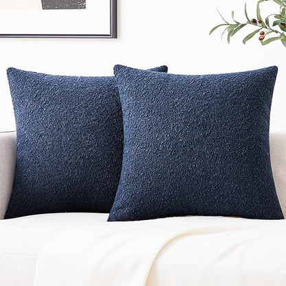 Mixhug Decorative Boucle Throw Pillow Covers, Midnight Blue, 20 x 20 Inches, Pack of 2 - Textured Boho Pillow Covers for Couch and Bed