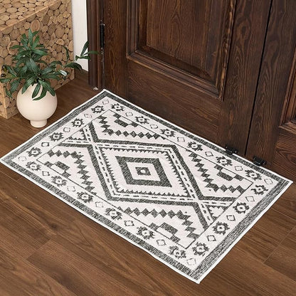 Moroccan Washable Entryway Rug 2x3, Geometric Woven Area Rug, Non-Slip Boho Accent Soft Low-Pile Front Door Mat Indoor Entrance, Small Throw Rug for Bathroom Front Porch, Olive Green/White