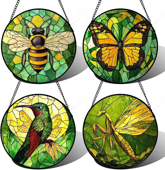 DASTOLL Stained Glass Window Hanging 4 Pcs Set Green Plants Yellow Insect Theme 6.3" - Suncatcher Door Garden Sun Catcher Decor Birthday Christmas for Mom Woman Nana Men