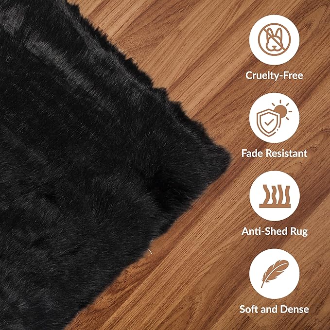 Luxe Gordon Faux Fur Rug with Soft and Fluffy Pile | Machine Washable Living Room Rug with Anti-Slip Backing | Cruelty-Free Area Rugs for Office or Bedroom, Black, 5 ft x 6 ft
