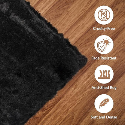 Luxe Gordon Faux Fur Rug with Soft and Fluffy Pile | Machine Washable Living Room Rug with Anti-Slip Backing | Cruelty-Free Area Rugs for Office or Bedroom, Black, 5 ft x 6 ft