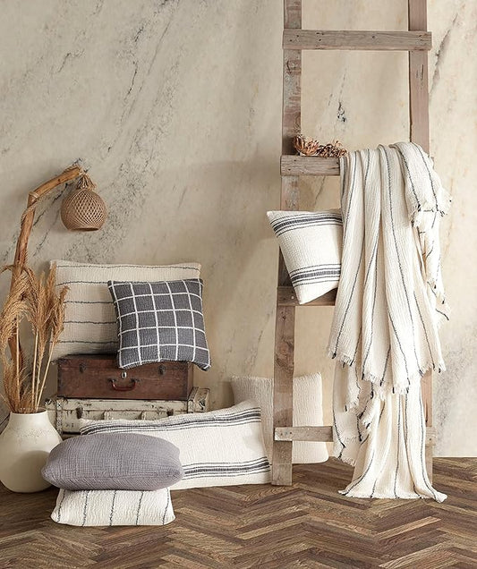 4 Layers Gauze Lightweight Throws,Cotton Muslin Throw Blanket,Breathable Coverlet, 4 Layer Bed Cover (Beige with Black Pinstripe, Only 2 Queen Pillowcase 20 x 30 inches)
