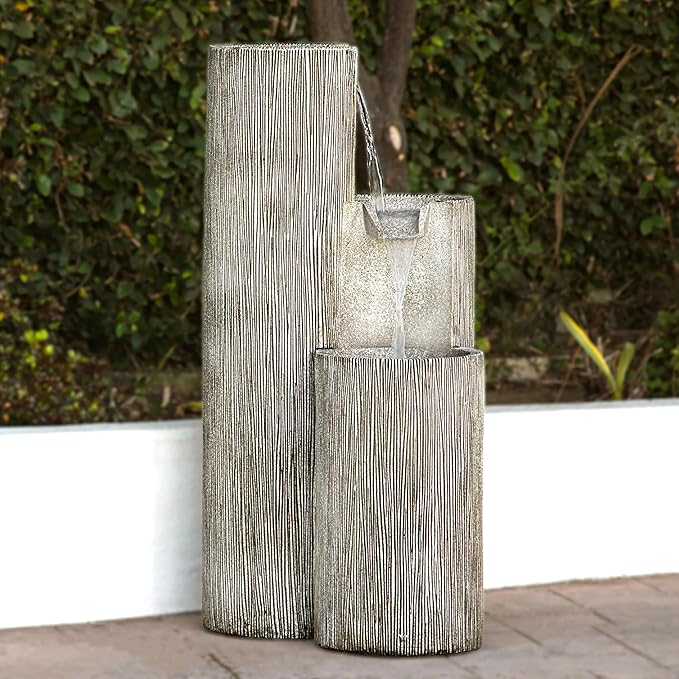 Alpine Corporation GIL1482 41” Outdoor 3-Tiered Weathered Stone Water Fountain with Natural Stone Look - Garden Water Feature for Patio, Lawn & Yard Decoration, Gray