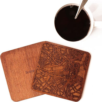 Boston Map Coaster by O3 Design Studio, Set Of 4, Sapele Wooden Coaster With City Map, Handmade