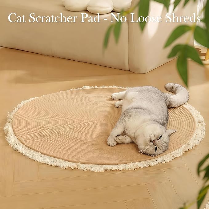 Cotton Rope Area Rug for Cats, Cat Scratching Rug, Washable Round Vintage Reversible Woven Tassel Rug, Soft and Stylish Home Accent, Easy Clean, Multiple Sizes (Off-White, 18" (45cm))