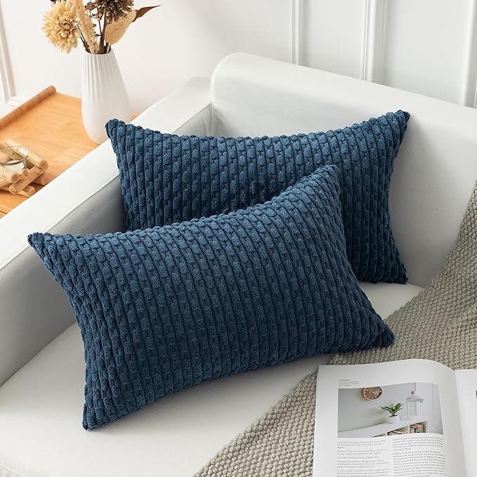Kevin Textile 14x24 Inch Pillow Cover 1 Pack Boho Decorative Soft Striped Corduroy Lumbar Farmhouse Solid Color Accent Rectangle Cushion Case for Living Room Couch Sofa Bed, Blue