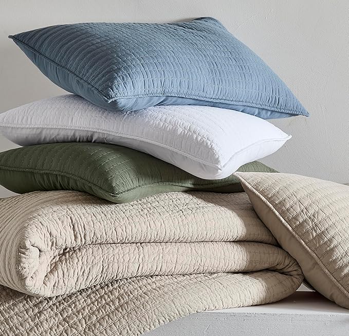 WDCOZY 100% Cotton Queen Size Quilt Set - Navy Blue Striped Pick Stitch Soft Lightweight Bedspread, Textured Like Linen, Farmhouse Country Rustic Coverlet, Shabby Chic Gauze Bedding, 3 Pieces