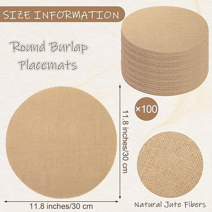 Kochorie 100 Pieces Burlap Placemats 11.8 Inch Round Reusable Brown Table Mats Natural Jute Fibers Placemats Bulk Circle Rustic Table Decorations for Dining Wedding Holiday Farmhouse Supplies