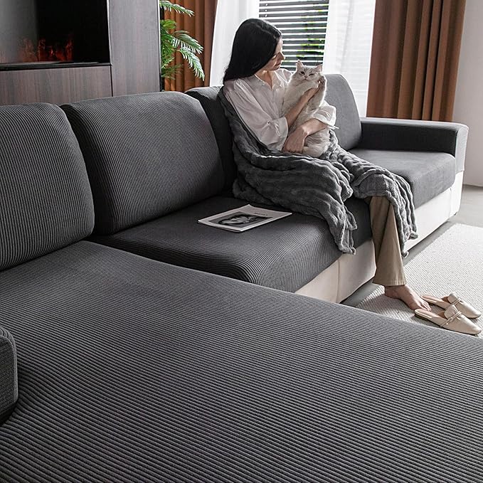 Sectional Couch Covers, Wear Resistant Stretch Sofa Covers Washable Soft Couch Cushion Covers Anti Slip Furniture Protector Sofa Slipcovers for Pets (3 Pieces 3 Seaters Cover, Dark Gray)