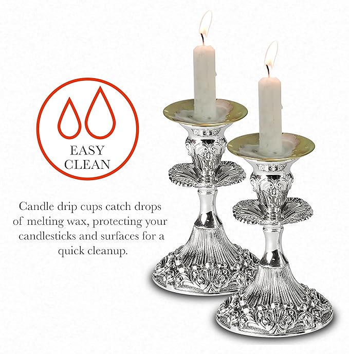 Ner Mitzvah Reusable Metal Candlestick Liners and Drip Guards - Safety Pin Holds Candles in Place - Nickel Plated Protector Bobeches - Gold - 2 Pack