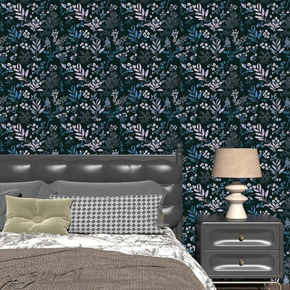 Vintage Blue Wallpaper Peel and Stick Dark Pink Floral Wallpaper 17.5'' x 118'' Dark Blue Leaf Contact Paper Vinyl Waterproof Self Adhesive Boho Botanical Wall Paper for Bedroom Cabinet Décor