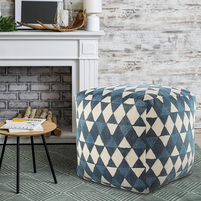 LR Home Pacifica Blue/Cream Large Ottoman Pouf for home decor | Geometric Hand-Woven Cotton Square pouf ottoman foot rest for bedroom & living room decor | 20 x 20 x 20 Ottoman Cube for Seating