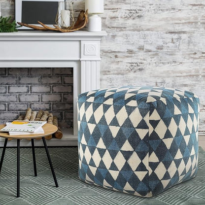 LR Home Pacifica Blue/Cream Large Ottoman Pouf for home decor | Geometric Hand-Woven Cotton Square pouf ottoman foot rest for bedroom & living room decor | 20 x 20 x 20 Ottoman Cube for Seating