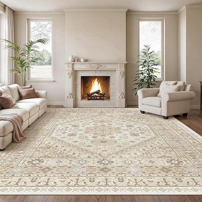 zesthome 12x15 Area Rugs, Large Washable Rug, Ultra-Thin Stain Resistant Rugs for Living Room, Bedroom, Non-Slip Backing Home Decor Area Rug (Cream/Beige,12'x15')