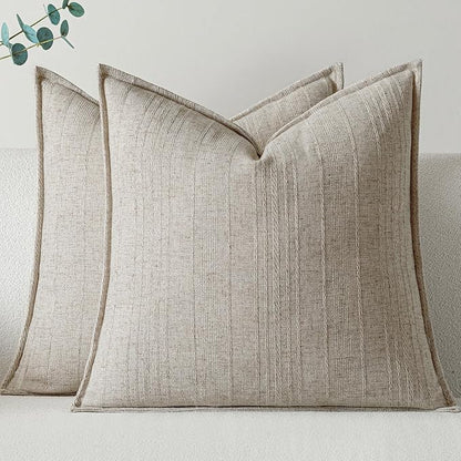 a moment Linen Pillow Covers Set of 2,Boho Farmhouse Throw Pillowcases Neutral Textured Decorative Covers for Couch Sofa, Soft Linen Blend Accent Case Cushion Living Room Home Decor 22"x22"Khaki