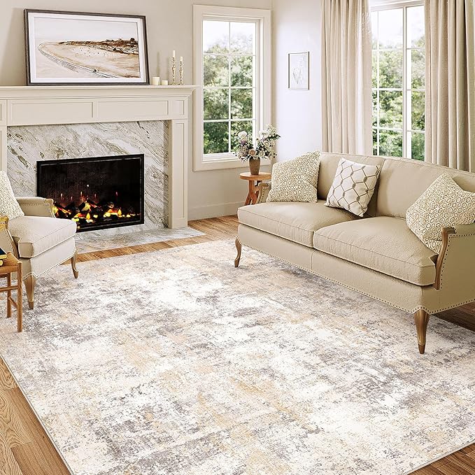 5x8 Washable Area Rug Beige Grey Abstract Living Room Bedroom Throw Rug Neutral Modern Non Slip Soft Low Pile Indoor Carpet for Dining Room Office Entryway