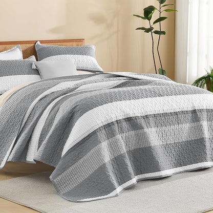 Litanika Quilt Queen Size Silver Grey, Stripe Patchwork Summer Bedspread Coverlet 3 Pieces, Soft Lightweight Microfiber Quilted Bedding Set for All Season(1 Quilt, 2 Pillowcases)
