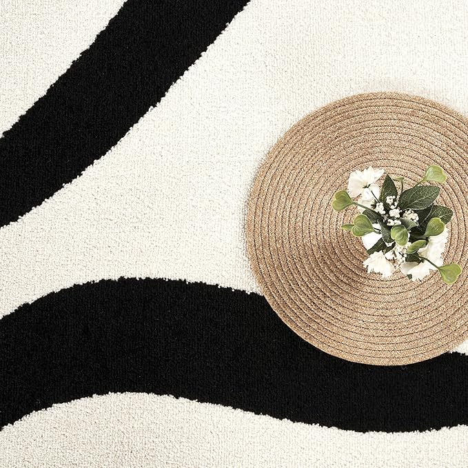Abani Abstract Beige/Black Area Rug - 9'x12' - Modern Curved Line Design - Deco Collection - Easy to Clean - Durable for High Traffic Areas - Living Room, Dining Room - Medium Pile