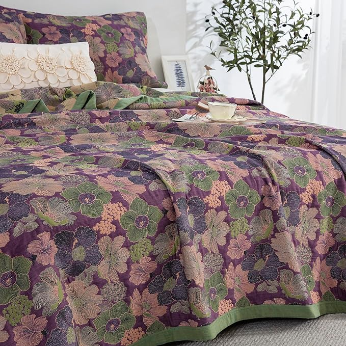 100% Cotton Muslin Jacquard 2 Piece Quilt Set Floral Peach Blossom Print, Soft 3 Layers Gauze Bed Cover Reversible Bedspread Coverlet Breathable Lightweight Bedding Set, Twin