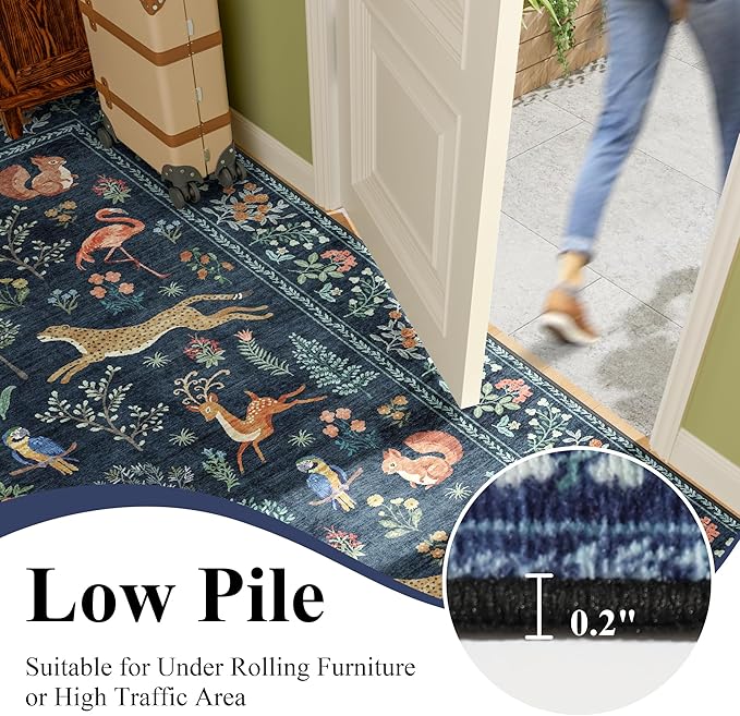 DUKINO 4x6 Rug, Washable Animal Area Rug with Non Slip Vintage Design, Indoor Soft Low Pile Carpet for Bedroom, Nursery, Dining Room, Farmhouse, Playroom, Navy Blue