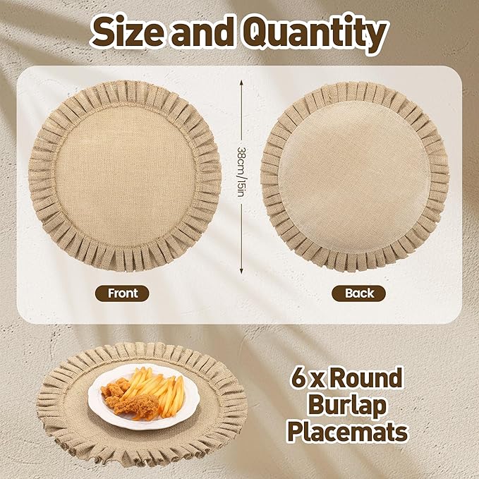 Aneco 6 Pack 15 Inch Round Burlap Placemats Braided Jute Placemats with Ruffle Edge Heat Resistant Reusable Brown Table Mats for Weddings Parties Holidays Dining Table