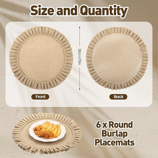 Aneco 6 Pack 15 Inch Round Burlap Placemats Braided Jute Placemats with Ruffle Edge Heat Resistant Reusable Brown Table Mats for Weddings Parties Holidays Dining Table