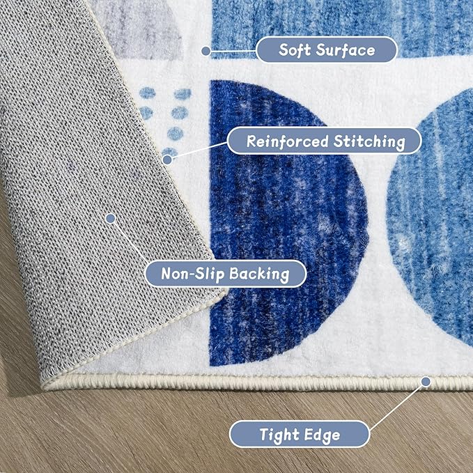 MUJOO Runner Rug Washable,Blue 2x6 Area Rugs for Hallways Kitchen Bathroom Bedroom Entryway,Non Slip Carpet Long Mat Indoor,Boho Soft Modern Abstract Navy Blue