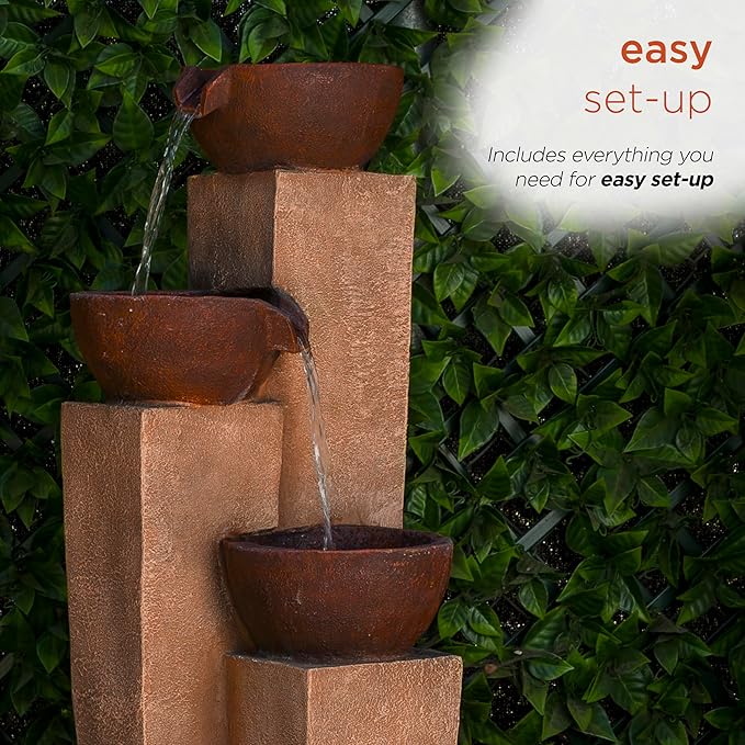 Alpine Corporation ZEN398 35” Outdoor 3-Tiered Modern Pots Water Fountain – Elegant Rustic Floor Fountain for Garden, Patio, Yard, Outdoor Spaces, Relaxing Water Feature, Bronze