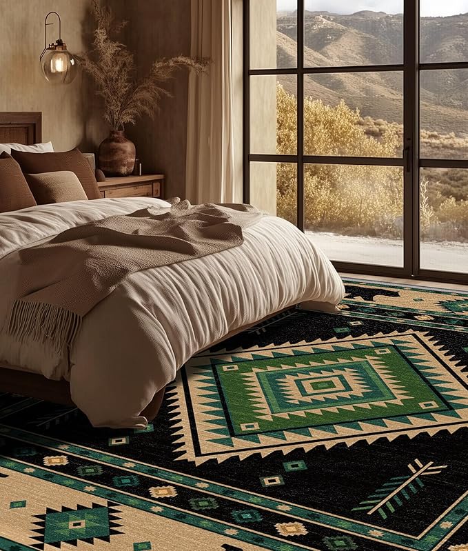 Southwestern Rug 7x9 - Native American Bear Cabin Area Rugs for Living Room Bedroom, Rustic Navajo Machine Washable | Non-Slip | Soft Large Carpets, Aztec Home Decor (Green Tan Black)
