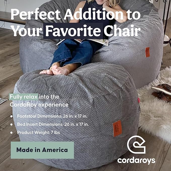 CordaRoy's Chenille Bean Bag Pouf Footstool - Washable Fabric Ottoman Cover with Durable Foam Insert - Versatile Footrest for Basement, Living Room, Office - 26" x 17" - Charcoal | Made in The USA