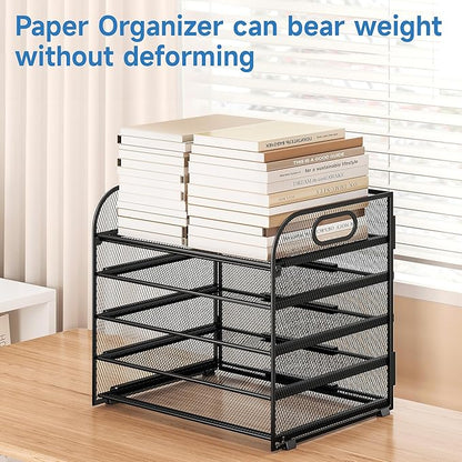 Paper Organizer Letter Tray with Handle Mesh 5 Trays Desk File Organizer Paper Sorter Desk Organizer for Office, Home or School-Black 2 Pack