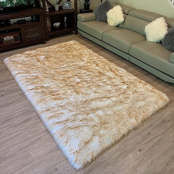 LAMBZY High Pile Super Soft Faux Sheepskin Rug (6'x9', White/Brown Tips)