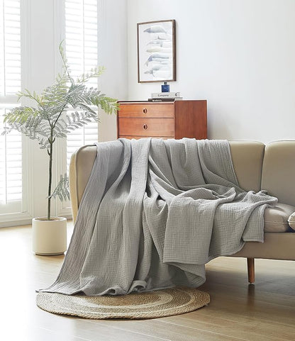 100% Cotton Muslin Twin XL Blanket (66" x 90") – A Luxuriously Soft, 4-Layer Lightweight and Breathable Gauze Blanket, Perfect for Year-Round use on beds, couches (Grey, Twin XL)