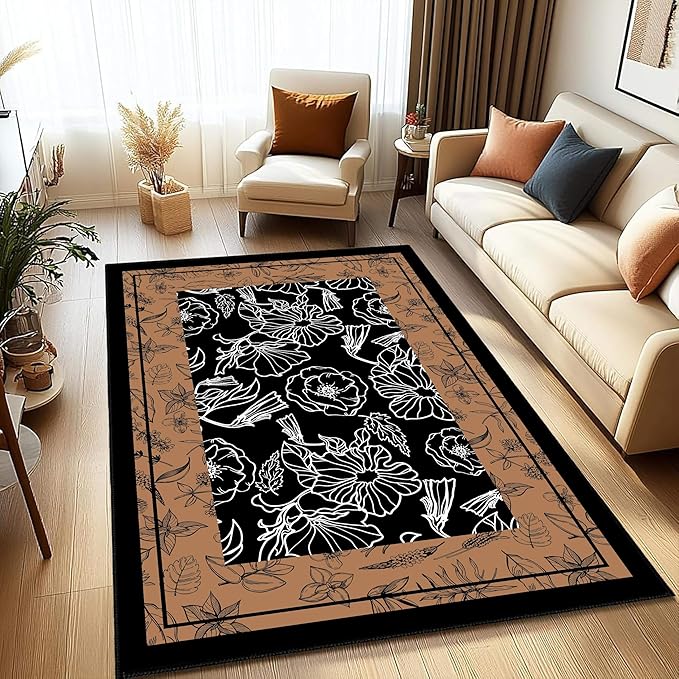 Vintage Boho Area Rug 6x9ft, Floral Print Non-Slip Low Pile Carpet, Machine Washable Indoor Rug for Living Room, Bedroom, Dining Room, Nursery & Dorm