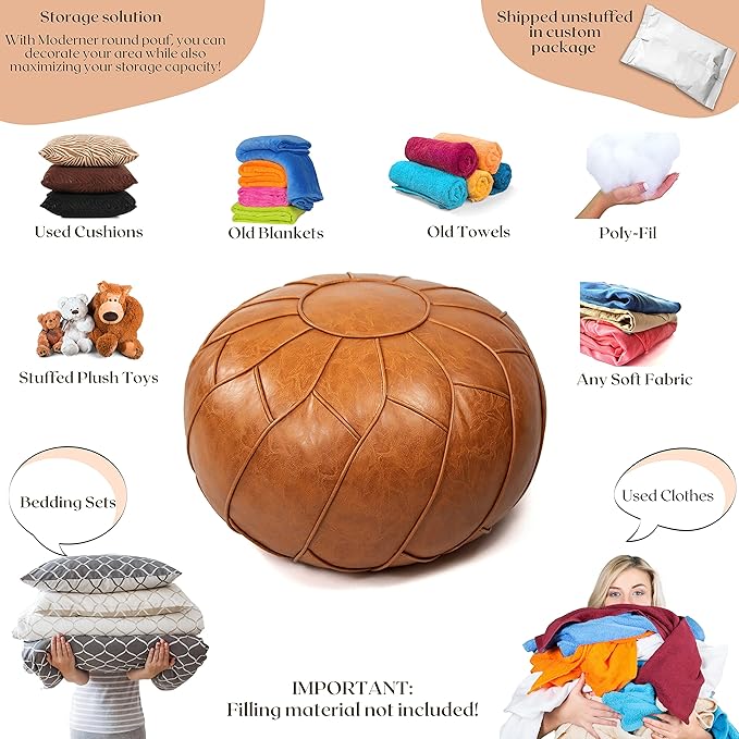 Moderner Faux Leather Pouf Unstuffed Ottoman Moroccan Footstool, Floor Footrest Cushion, Storage Solution - Natural Brown Color