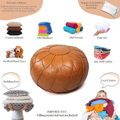 Moderner Faux Leather Pouf Unstuffed Ottoman Moroccan Footstool, Floor Footrest Cushion, Storage Solution - Natural Brown Color