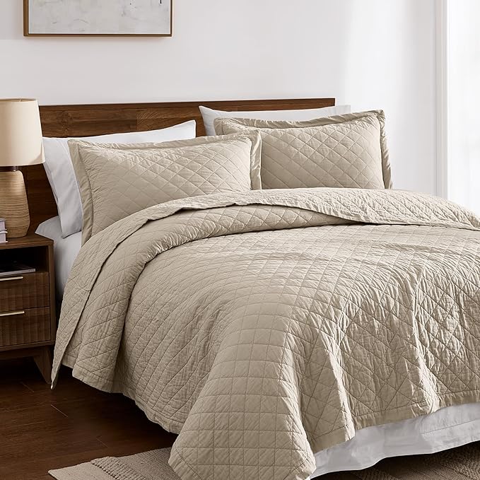 WDCOZY 100% Pre-Washed Cotton King Size Quilt Set - Beige Neutral Ruffle Box Soft Lightweight Bedspread, Textured Like Linen, Farmhouse Country Rustic Coverlet, Shabby Chic Gauze Bedding, 3 Pieces