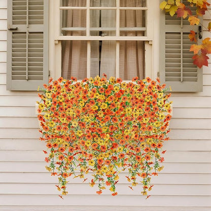 Fake Mums Artificial Hanging Flowers for Outdoor Fall Decoration, 2 PCS Silk Daisy Flower Realistic Faux Plants UV Resistant for Porch Patio Window Yard Outside Autumn Decor(Yellow Orange)