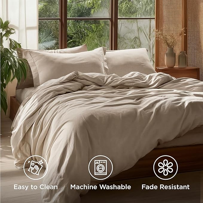 Bedsure 100% Washed Cotton Duvet Cover Full Size - Frosted Almond Minimalist Cotton Duvet Cover Linen Like for All Seasons - GentleSoft™ Plain Simple Bedding (Frosted Almond, Full, 80"x90")