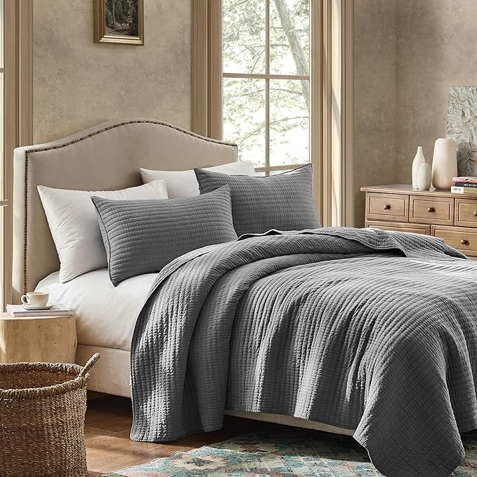 WDCOZY 100% Cotton Queen Size Quilt Set - Grey Striped Pick Stitch Soft Lightweight Bedspread, Textured Like Linen, Farmhouse Country Rustic Coverlet, Shabby Chic Gauze Bedding, 3 Pieces
