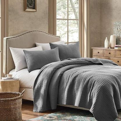 WDCOZY 100% Cotton King Size Quilt Set - Grey Striped Pick Stitch Soft Lightweight Bedspread, Textured Like Linen, Farmhouse Country Rustic Coverlet, Shabby Chic Gauze Bedding, 3 Pieces
