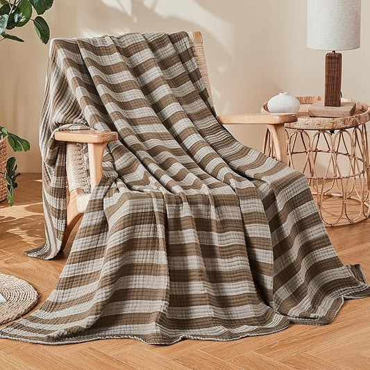 EMME Cotton Muslin Queen Blanket Bed Layering Bedspread Coverlet Breathable Gauze Soft Lightweight Adults (Striped Brown, 90"x90")