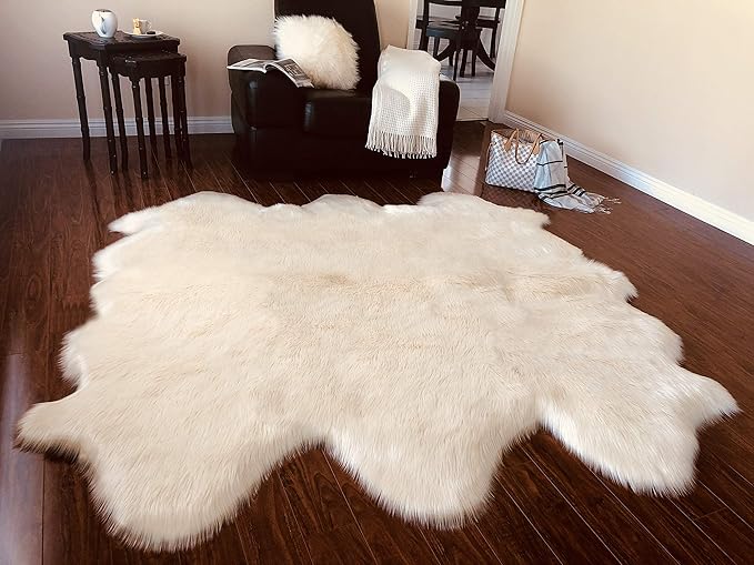 Free Shape Luxury Soft Fluffy Shag Area Rug Sexto 6 Pelts 6'x6',180x180 cm - Vegan Fur Ultra Soft Indoor Carpet Nursery Rugs for Bedroom Home Decor, White